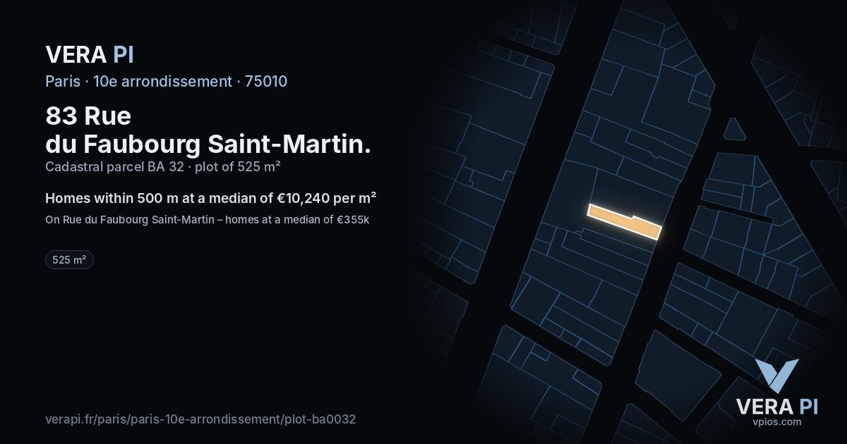 83 Rue du Faubourg Saint-Martin, 10e arrondissement at night – the plot lit, the parcels around coloured by the prices near them