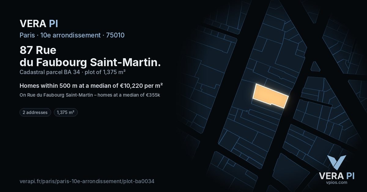 87 Rue du Faubourg Saint-Martin, 10e arrondissement at night – the plot lit, the parcels around coloured by the prices near them