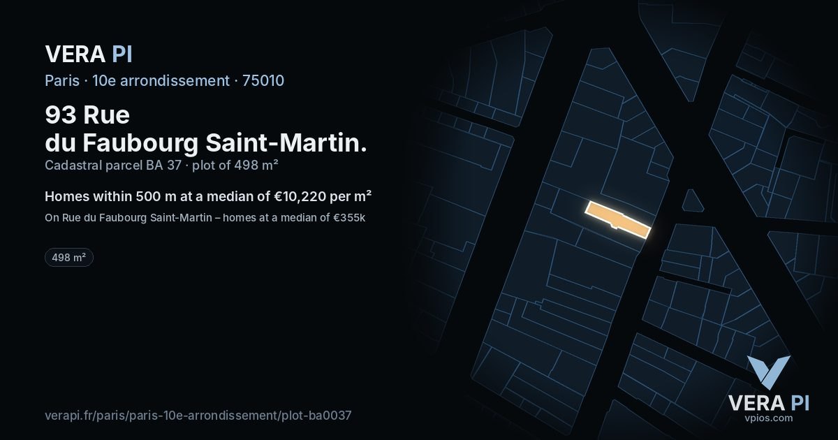 93 Rue du Faubourg Saint-Martin, 10e arrondissement at night – the plot lit, the parcels around coloured by the prices near them