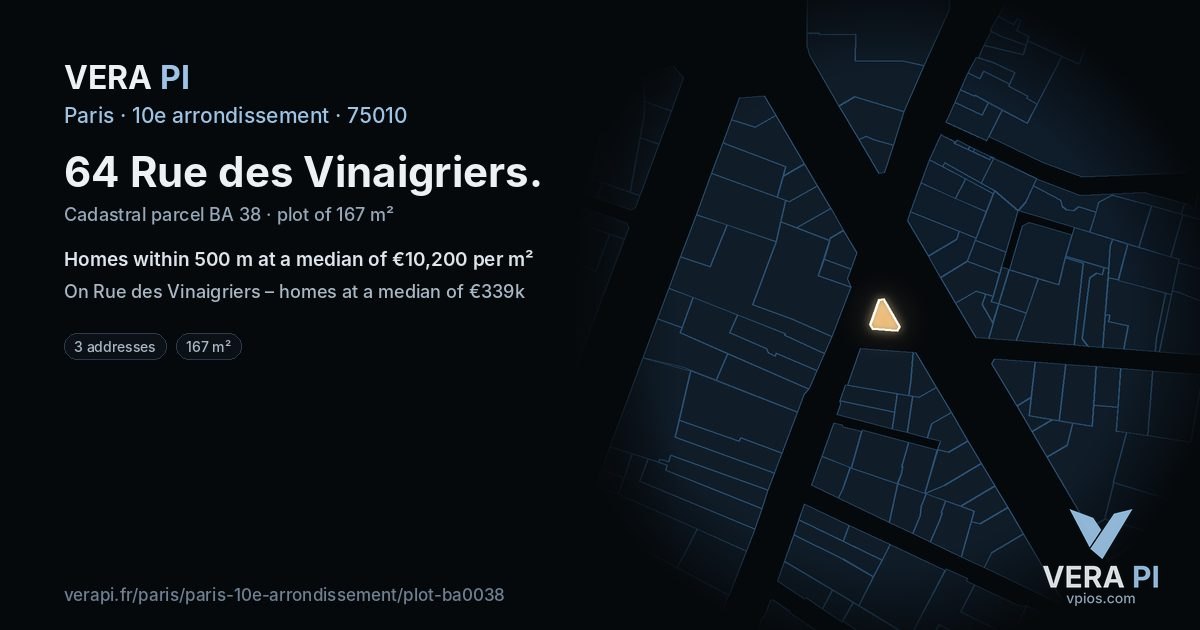 64 Rue des Vinaigriers, 10e arrondissement at night – the plot lit, the parcels around coloured by the prices near them