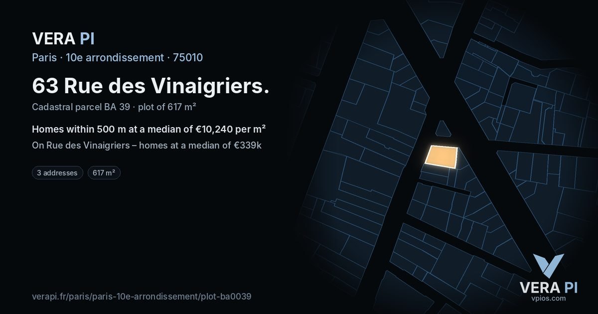 63 Rue des Vinaigriers, 10e arrondissement at night – the plot lit, the parcels around coloured by the prices near them