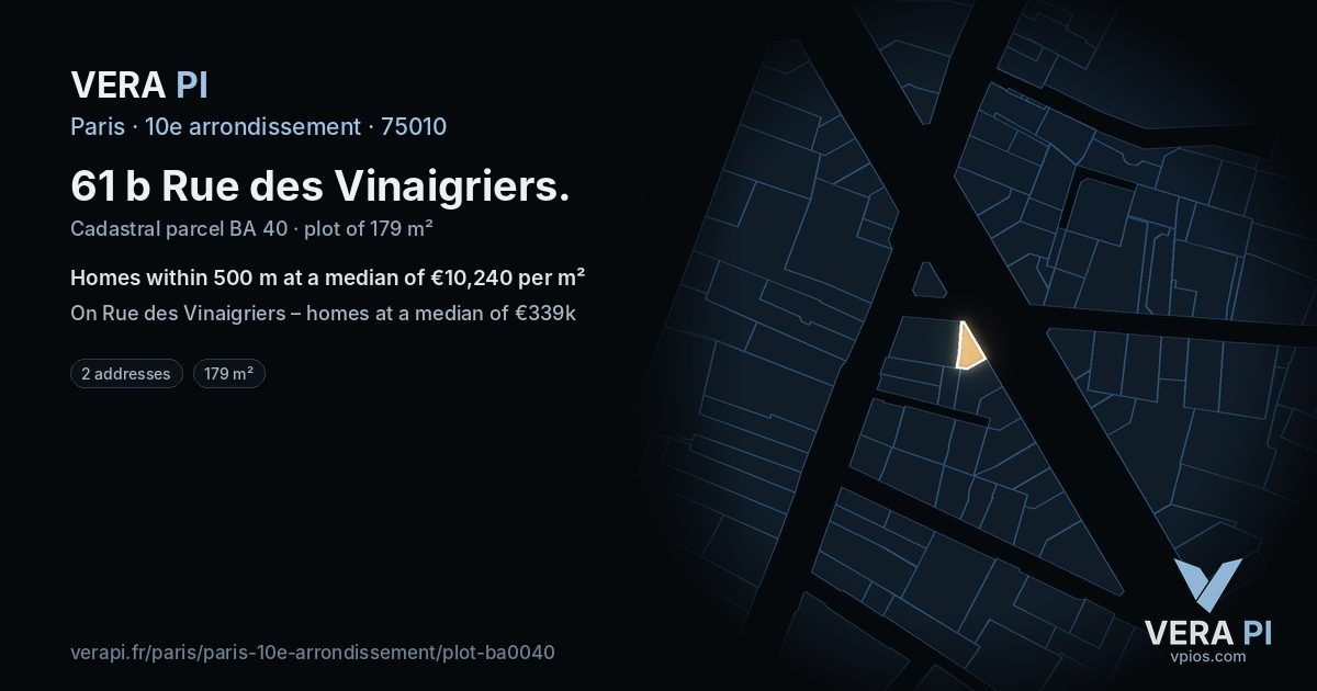 61 b Rue des Vinaigriers, 10e arrondissement at night – the plot lit, the parcels around coloured by the prices near them
