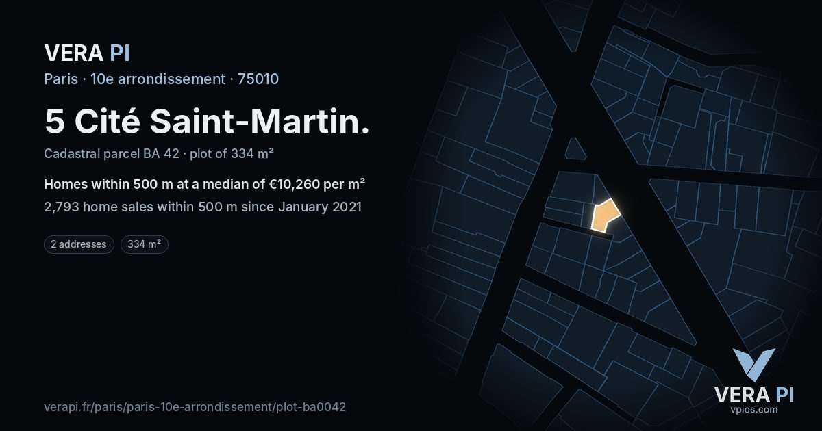 5 Cité Saint-Martin, 10e arrondissement at night – the plot lit, the parcels around coloured by the prices near them