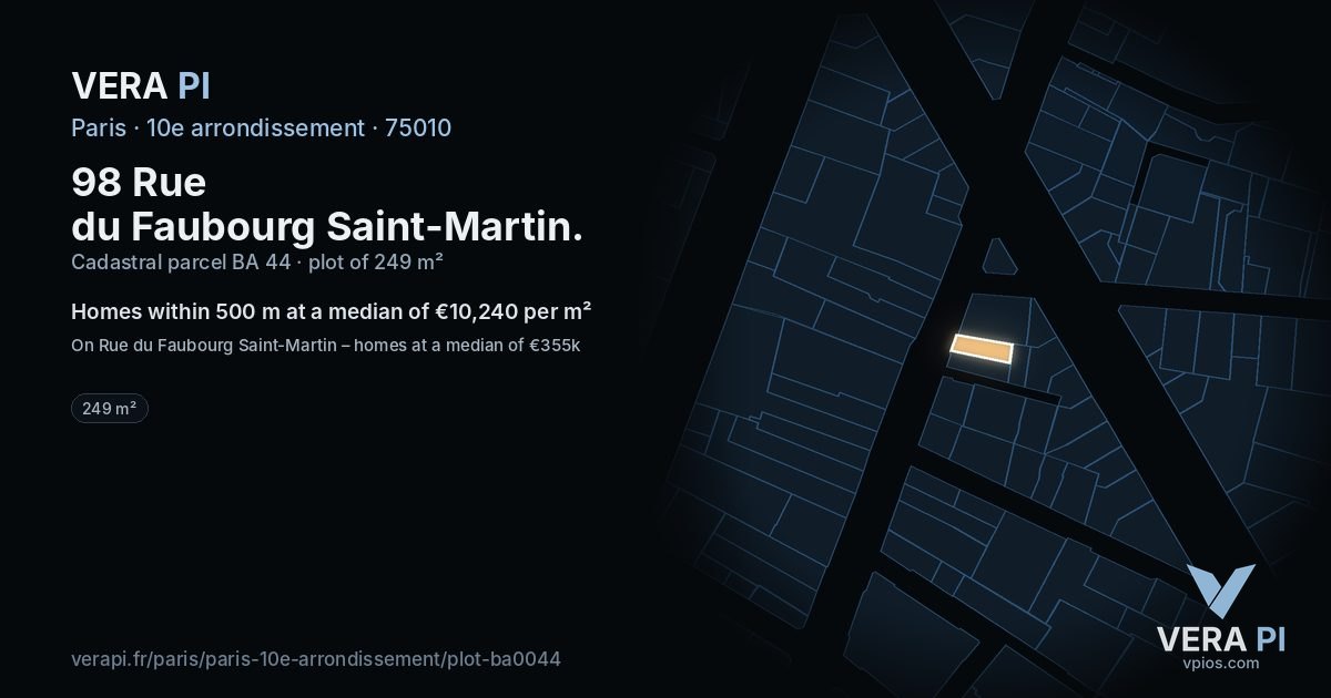 98 Rue du Faubourg Saint-Martin, 10e arrondissement at night – the plot lit, the parcels around coloured by the prices near them