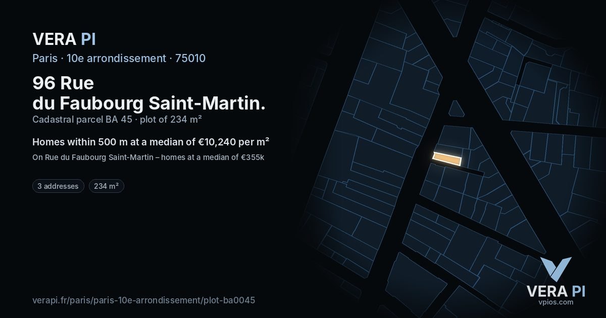 96 Rue du Faubourg Saint-Martin, 10e arrondissement at night – the plot lit, the parcels around coloured by the prices near them