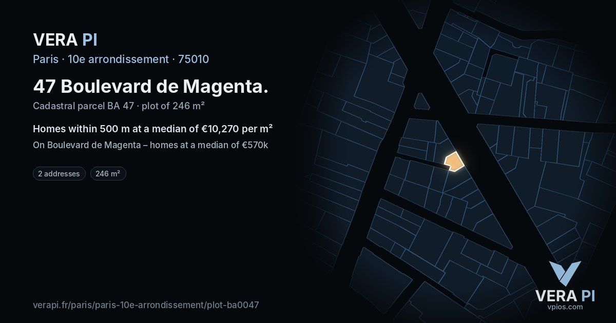 47 Boulevard de Magenta, 10e arrondissement at night – the plot lit, the parcels around coloured by the prices near them