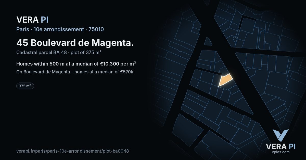 45 Boulevard de Magenta, 10e arrondissement at night – the plot lit, the parcels around coloured by the prices near them