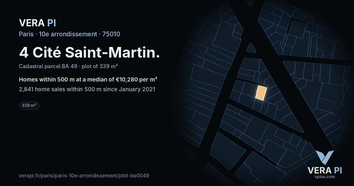 4 Cité Saint-Martin, 10e arrondissement at night – the plot lit, the parcels around coloured by the prices near them