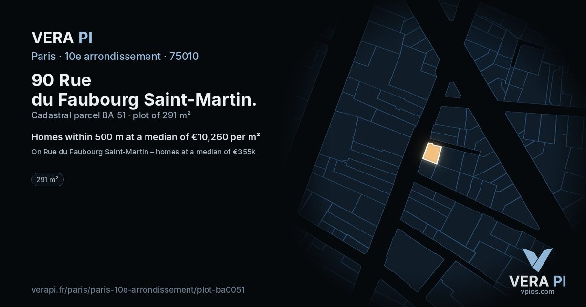 90 Rue du Faubourg Saint-Martin, 10e arrondissement at night – the plot lit, the parcels around coloured by the prices near them