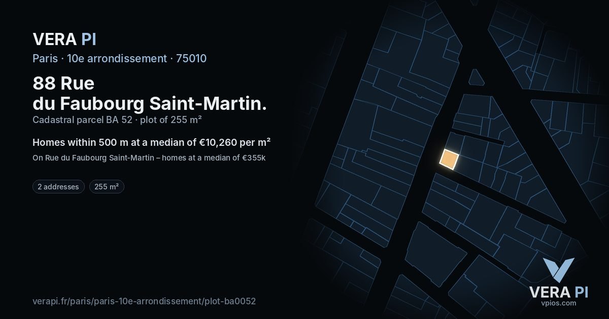 88 Rue du Faubourg Saint-Martin, 10e arrondissement at night – the plot lit, the parcels around coloured by the prices near them