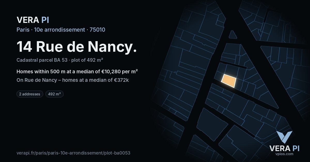 14 Rue de Nancy, 10e arrondissement at night – the plot lit, the parcels around coloured by the prices near them