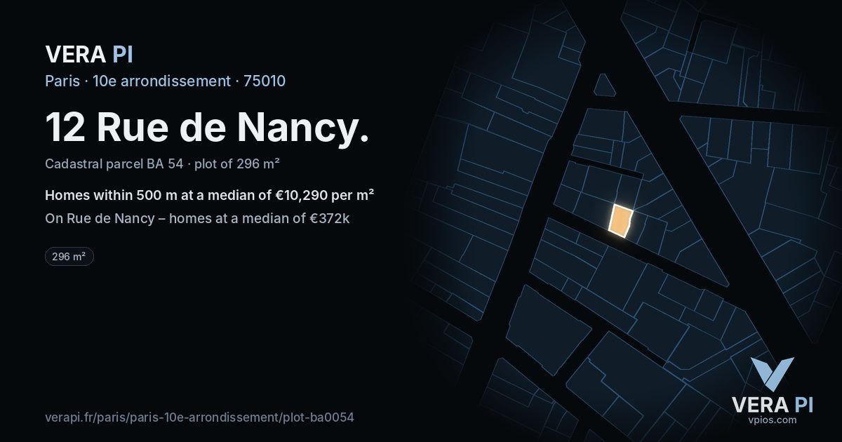12 Rue de Nancy, 10e arrondissement at night – the plot lit, the parcels around coloured by the prices near them