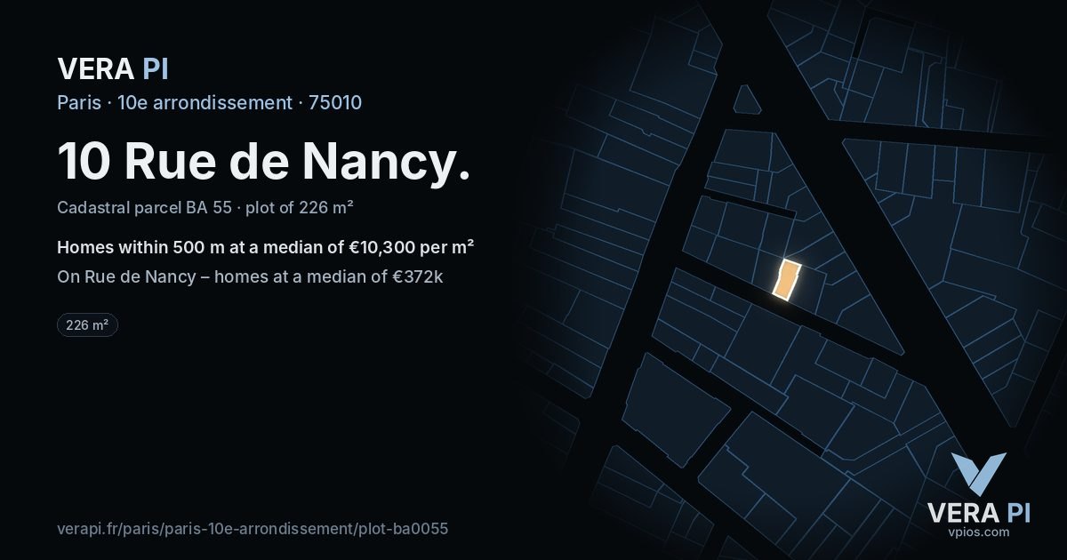 10 Rue de Nancy, 10e arrondissement at night – the plot lit, the parcels around coloured by the prices near them