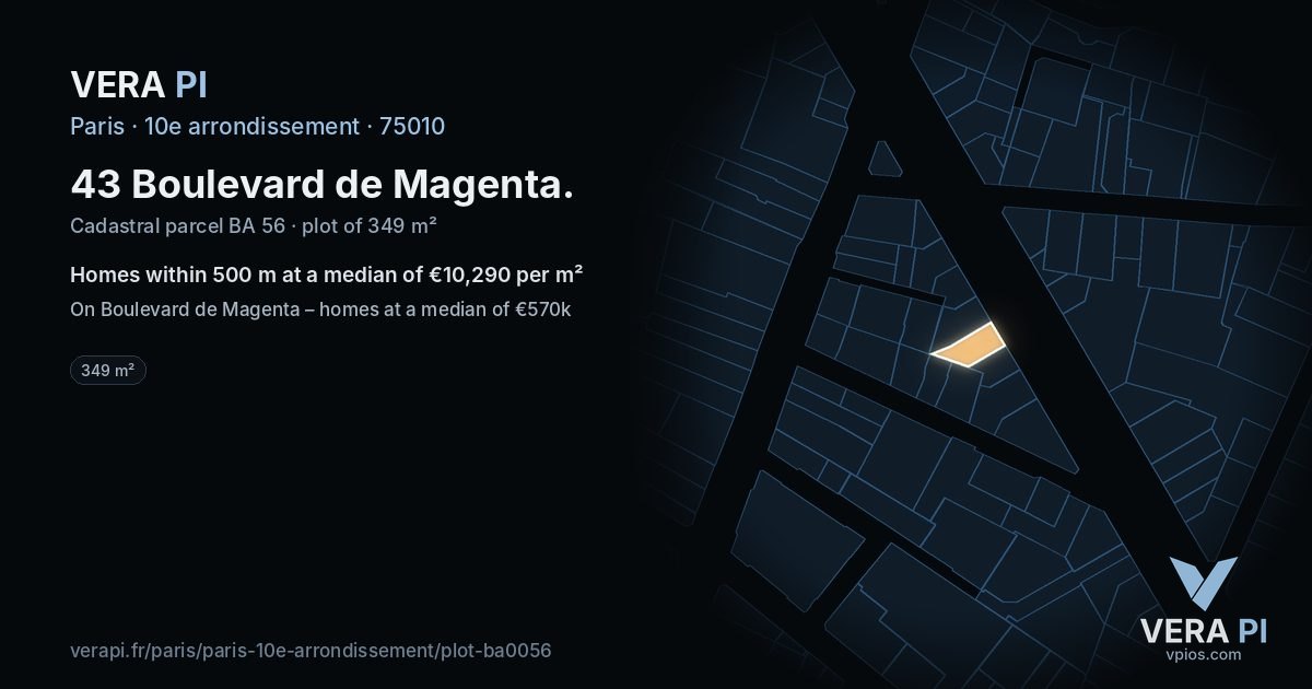 43 Boulevard de Magenta, 10e arrondissement at night – the plot lit, the parcels around coloured by the prices near them