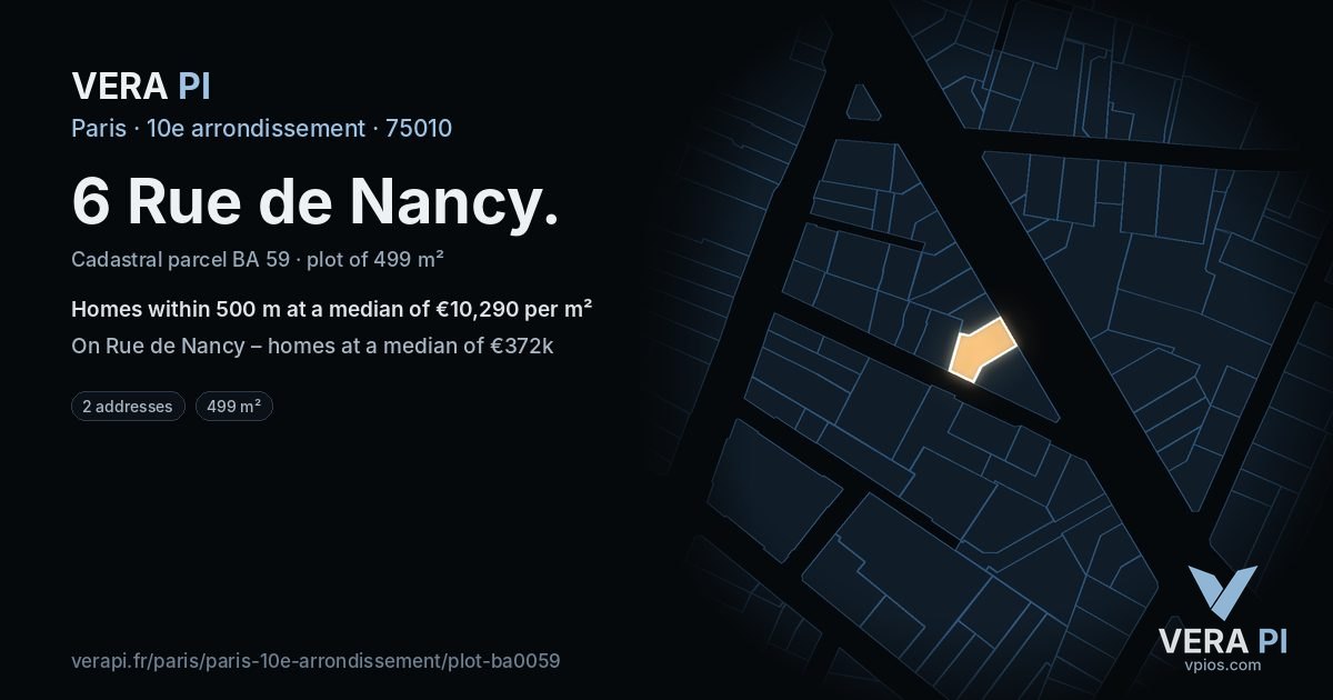 6 Rue de Nancy, 10e arrondissement at night – the plot lit, the parcels around coloured by the prices near them