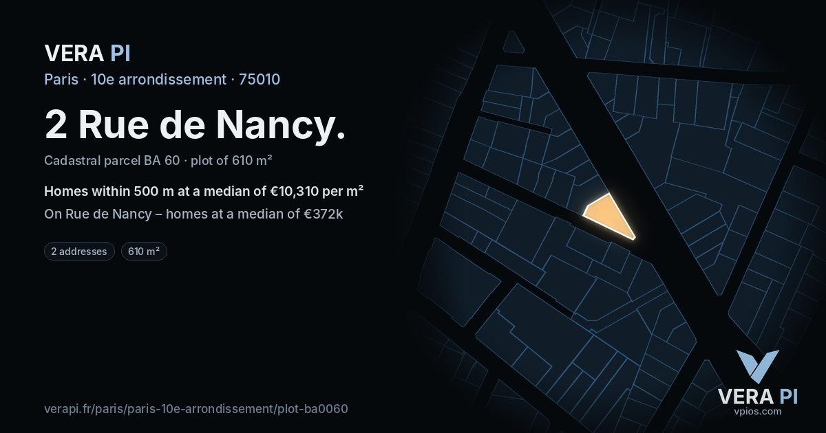 2 Rue de Nancy, 10e arrondissement at night – the plot lit, the parcels around coloured by the prices near them