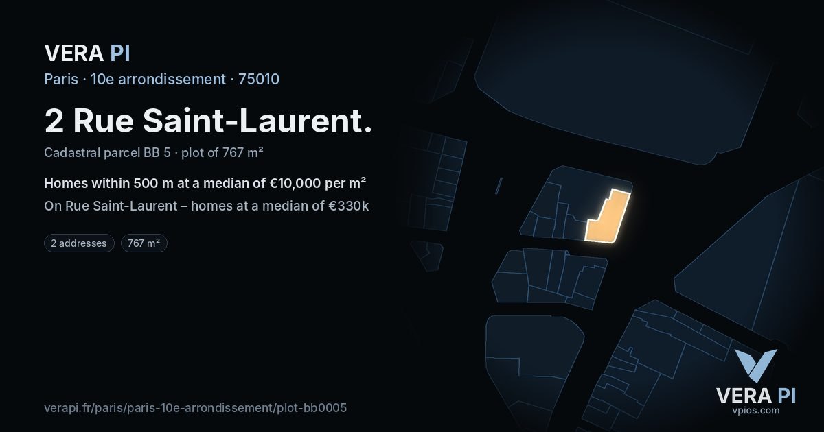 2 Rue Saint-Laurent, 10e arrondissement at night – the plot lit, the parcels around coloured by the prices near them