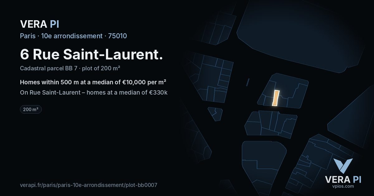 6 Rue Saint-Laurent, 10e arrondissement at night – the plot lit, the parcels around coloured by the prices near them