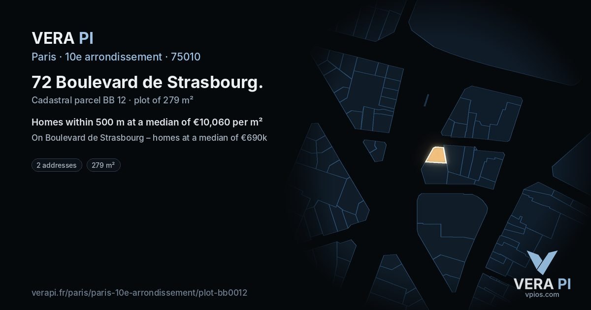 72 Boulevard de Strasbourg, 10e arrondissement at night – the plot lit, the parcels around coloured by the prices near them
