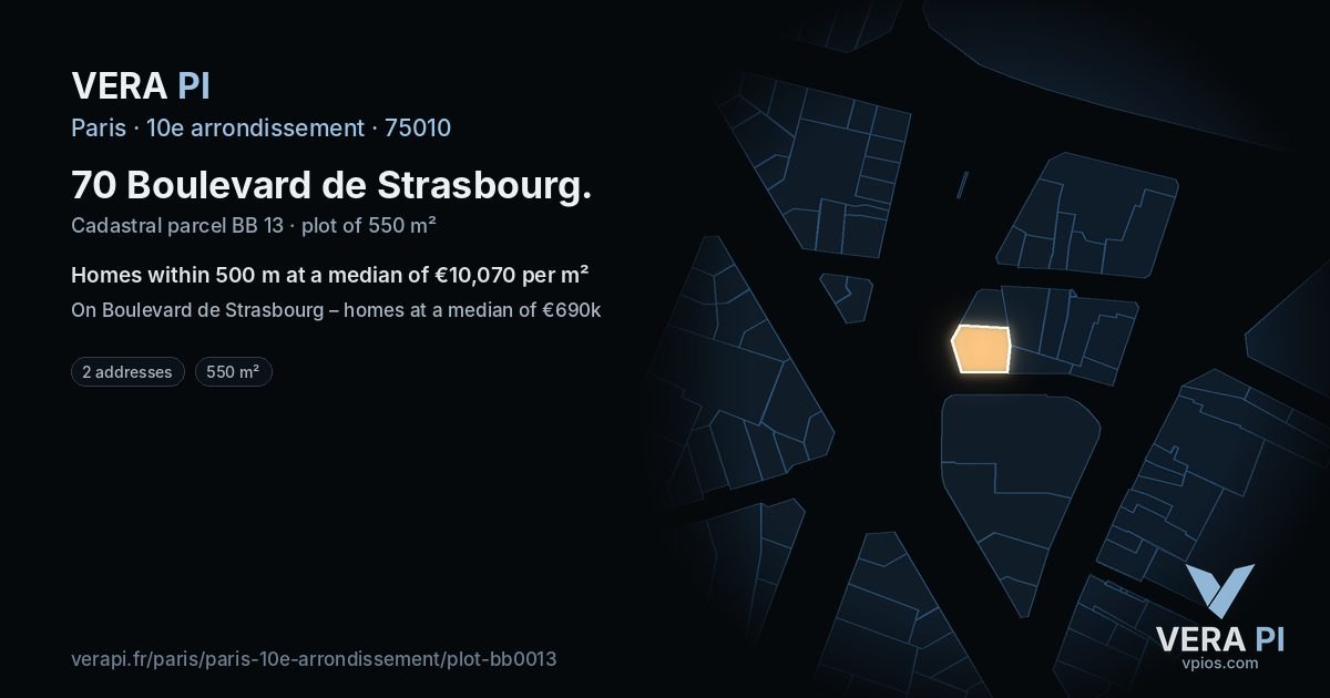 70 Boulevard de Strasbourg, 10e arrondissement at night – the plot lit, the parcels around coloured by the prices near them