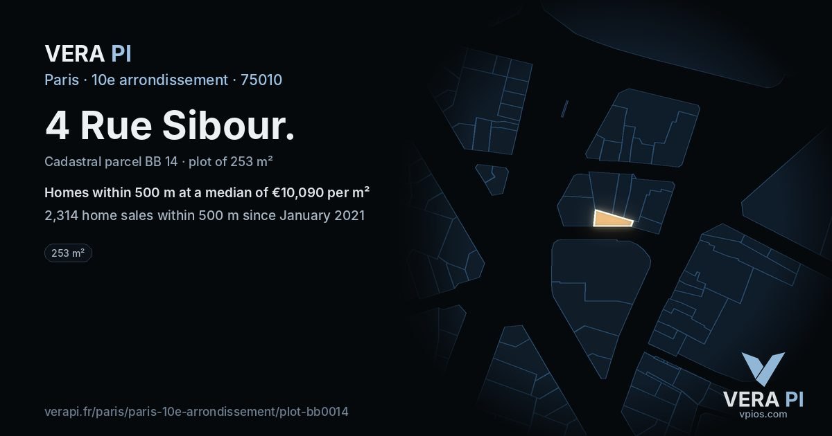 4 Rue Sibour, 10e arrondissement at night – the plot lit, the parcels around coloured by the prices near them