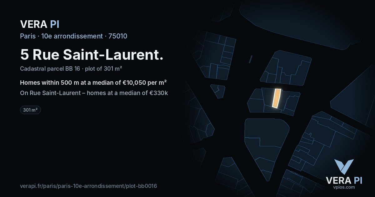 5 Rue Saint-Laurent, 10e arrondissement at night – the plot lit, the parcels around coloured by the prices near them