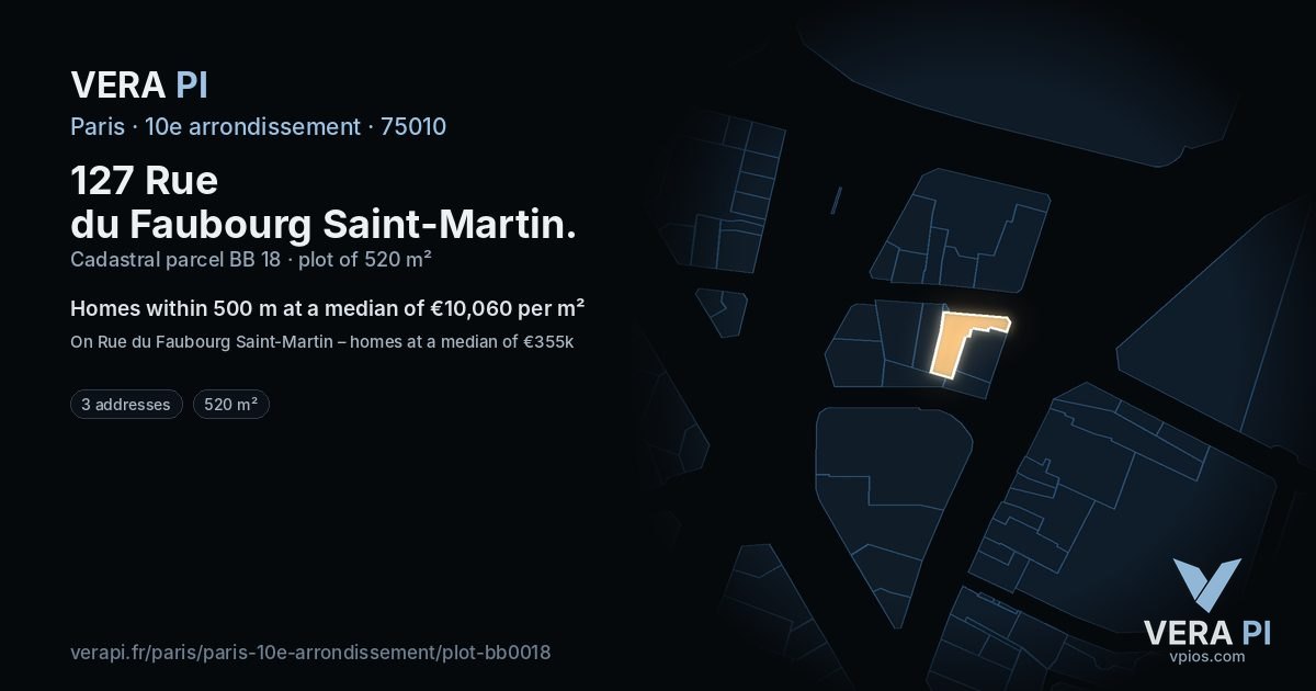 127 Rue du Faubourg Saint-Martin, 10e arrondissement at night – the plot lit, the parcels around coloured by the prices near them