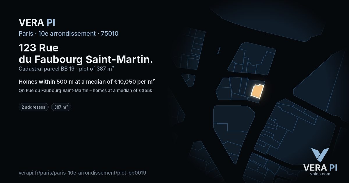 123 Rue du Faubourg Saint-Martin, 10e arrondissement at night – the plot lit, the parcels around coloured by the prices near them