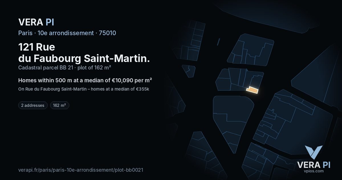121 Rue du Faubourg Saint-Martin, 10e arrondissement at night – the plot lit, the parcels around coloured by the prices near them