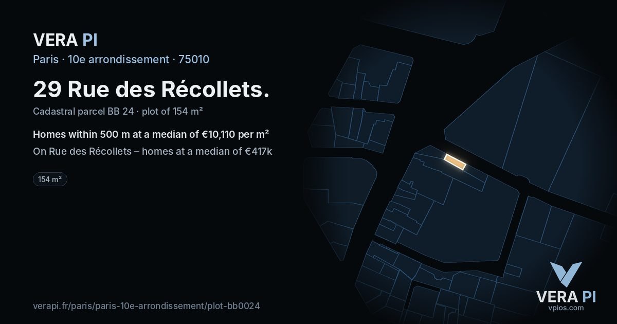 29 Rue des Récollets, 10e arrondissement at night – the plot lit, the parcels around coloured by the prices near them