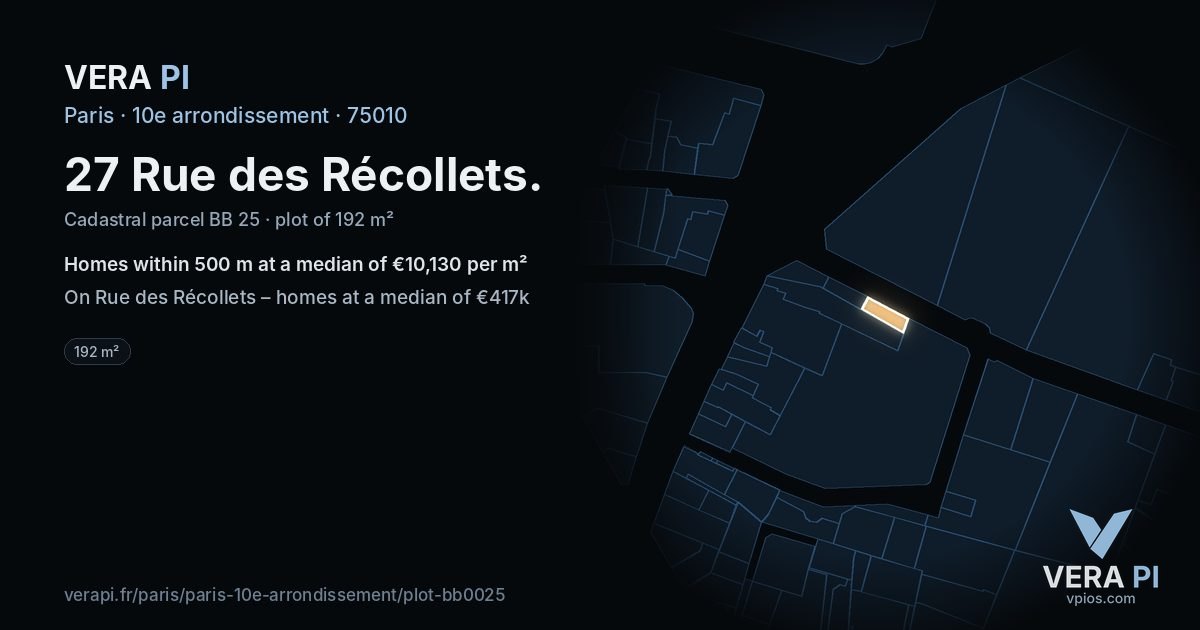 27 Rue des Récollets, 10e arrondissement at night – the plot lit, the parcels around coloured by the prices near them