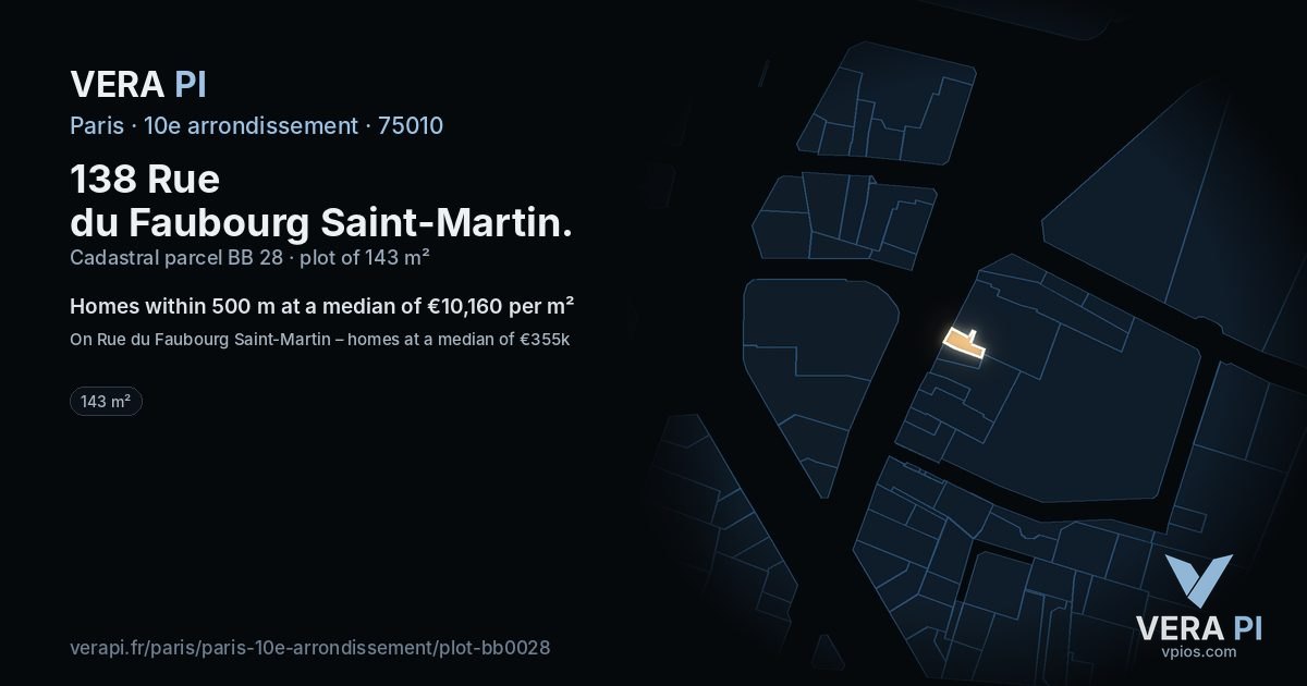138 Rue du Faubourg Saint-Martin, 10e arrondissement at night – the plot lit, the parcels around coloured by the prices near them