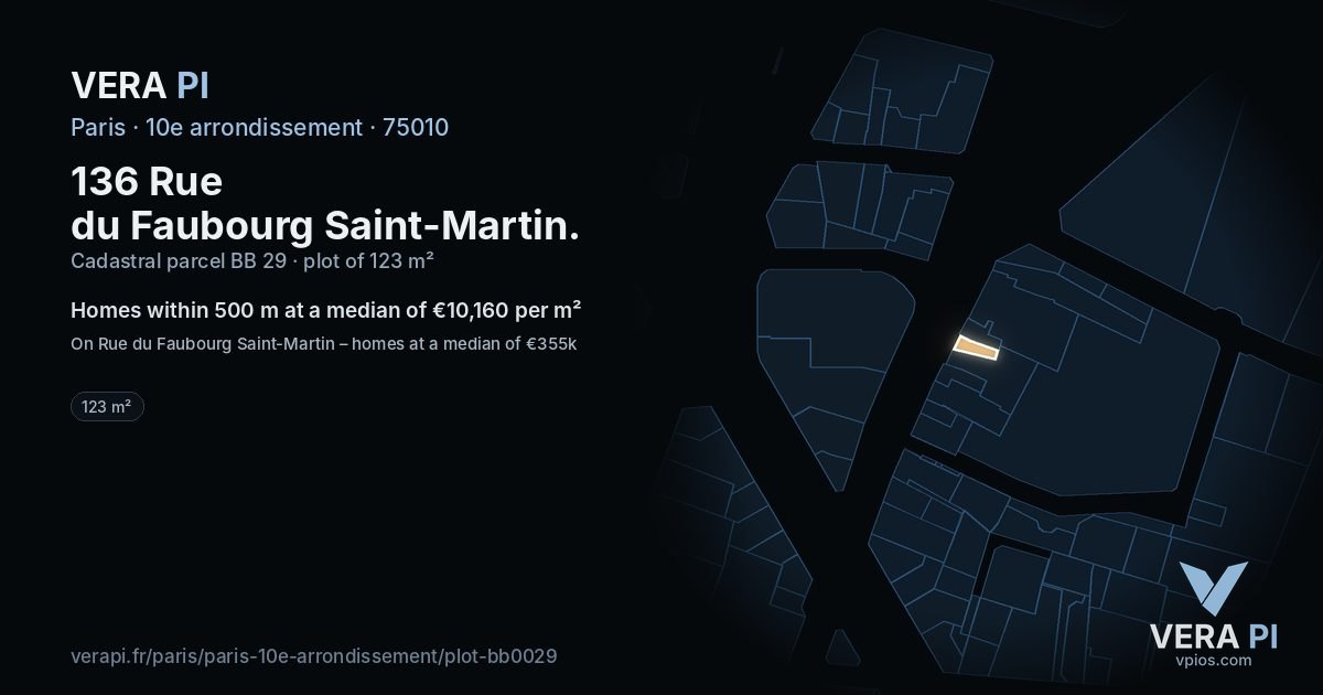 136 Rue du Faubourg Saint-Martin, 10e arrondissement at night – the plot lit, the parcels around coloured by the prices near them