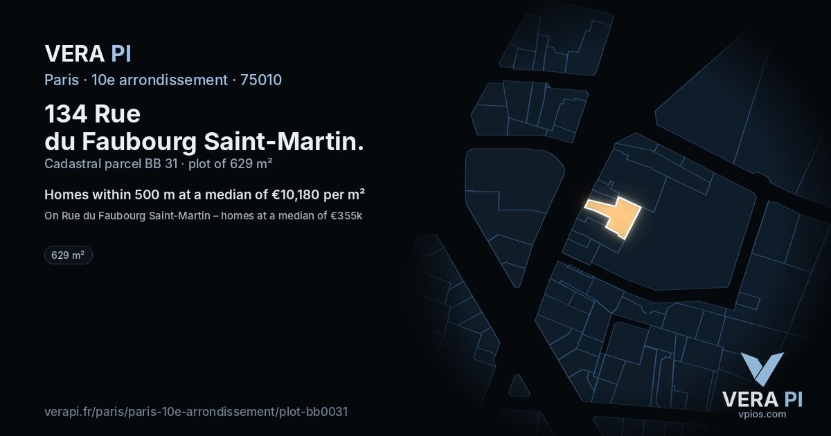 134 Rue du Faubourg Saint-Martin, 10e arrondissement at night – the plot lit, the parcels around coloured by the prices near them