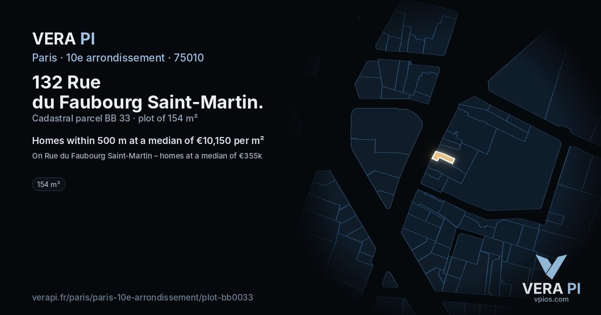 132 Rue du Faubourg Saint-Martin, 10e arrondissement at night – the plot lit, the parcels around coloured by the prices near them