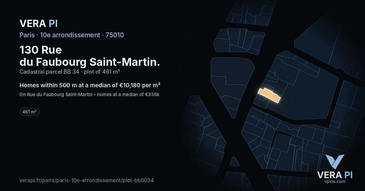 130 Rue du Faubourg Saint-Martin, 10e arrondissement at night – the plot lit, the parcels around coloured by the prices near them