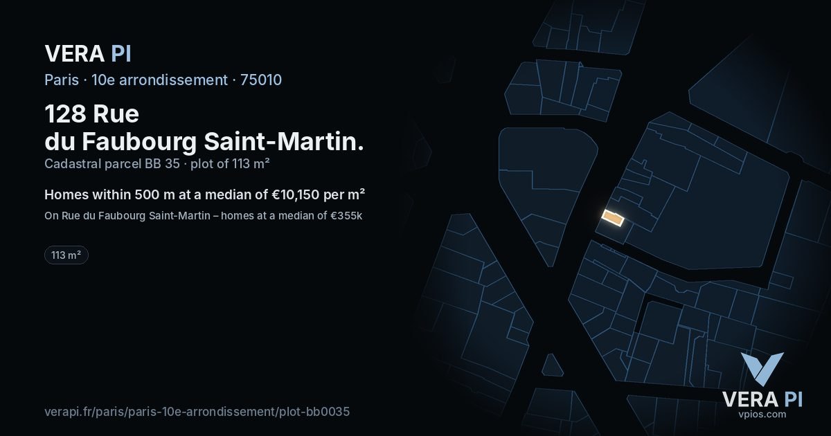128 Rue du Faubourg Saint-Martin, 10e arrondissement at night – the plot lit, the parcels around coloured by the prices near them