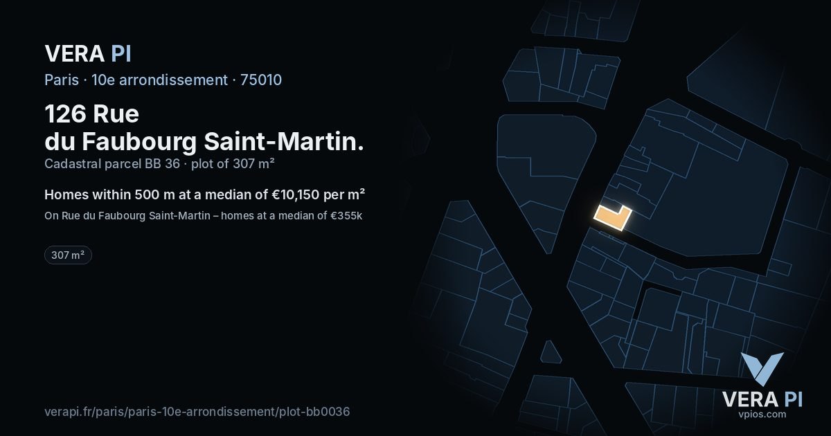 126 Rue du Faubourg Saint-Martin, 10e arrondissement at night – the plot lit, the parcels around coloured by the prices near them