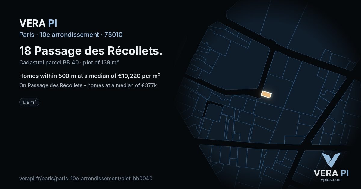 18 Passage des Récollets, 10e arrondissement at night – the plot lit, the parcels around coloured by the prices near them