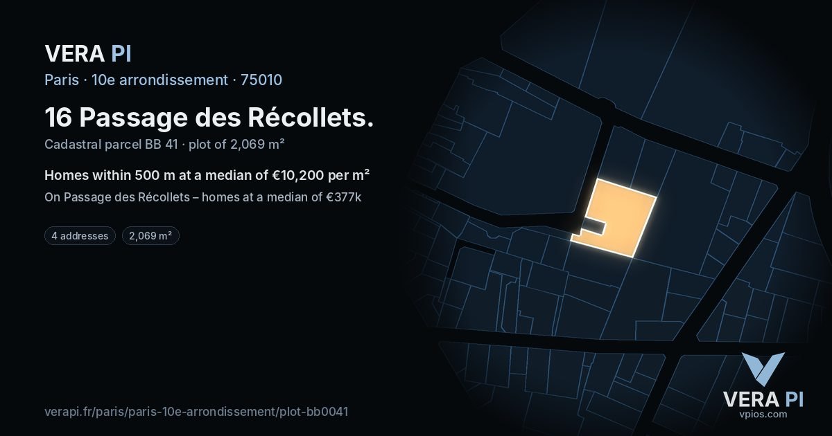 16 Passage des Récollets, 10e arrondissement at night – the plot lit, the parcels around coloured by the prices near them
