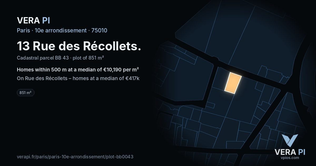 13 Rue des Récollets, 10e arrondissement at night – the plot lit, the parcels around coloured by the prices near them