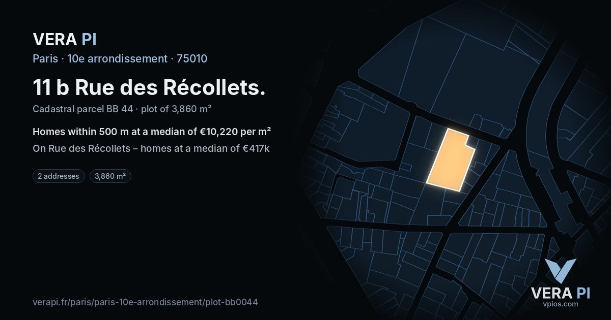 11 b Rue des Récollets, 10e arrondissement at night – the plot lit, the parcels around coloured by the prices near them