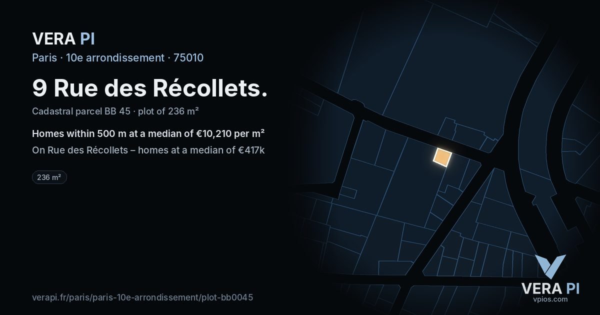 9 Rue des Récollets, 10e arrondissement at night – the plot lit, the parcels around coloured by the prices near them