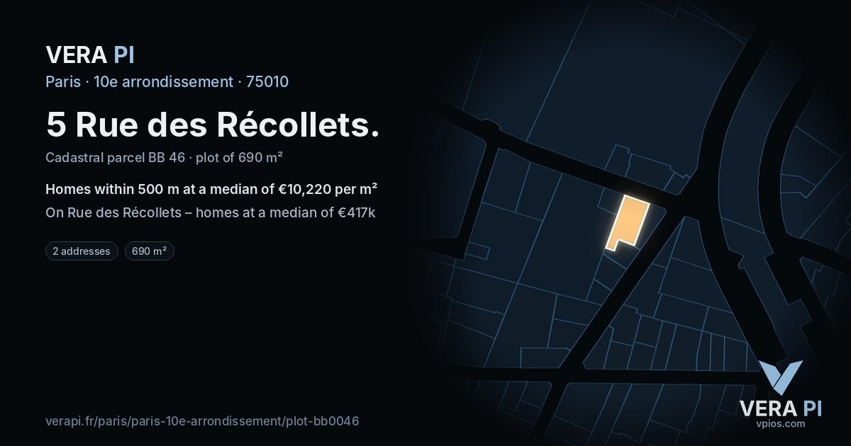 5 Rue des Récollets, 10e arrondissement at night – the plot lit, the parcels around coloured by the prices near them