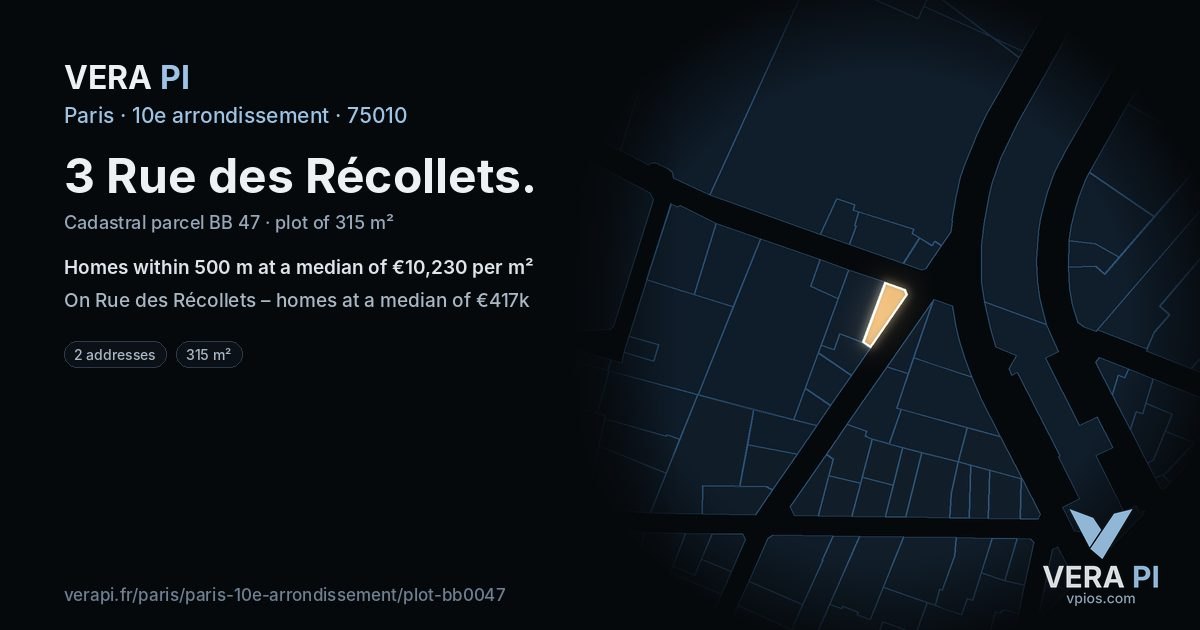 3 Rue des Récollets, 10e arrondissement at night – the plot lit, the parcels around coloured by the prices near them
