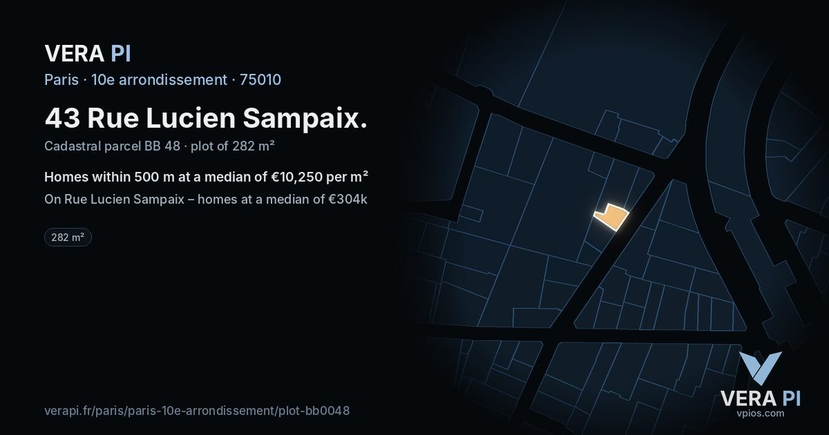 43 Rue Lucien Sampaix, 10e arrondissement at night – the plot lit, the parcels around coloured by the prices near them