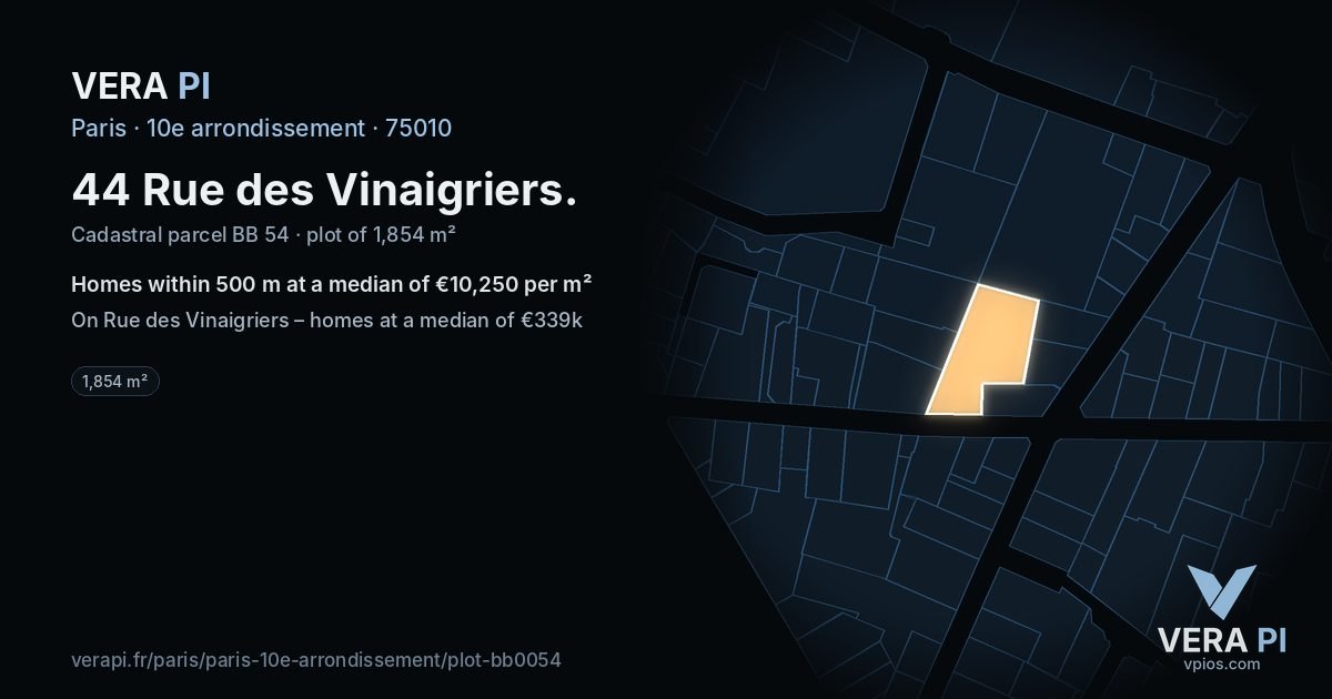 44 Rue des Vinaigriers, 10e arrondissement at night – the plot lit, the parcels around coloured by the prices near them