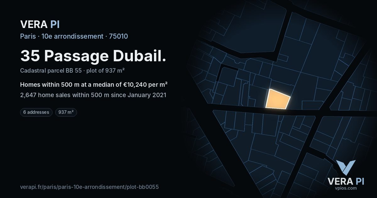 35 Passage Dubail, 10e arrondissement at night – the plot lit, the parcels around coloured by the prices near them