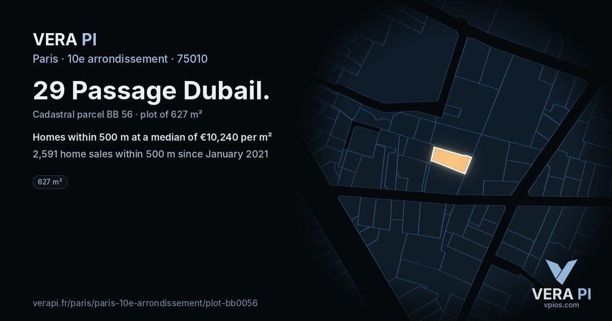 29 Passage Dubail, 10e arrondissement at night – the plot lit, the parcels around coloured by the prices near them