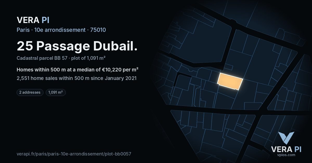 25 Passage Dubail, 10e arrondissement at night – the plot lit, the parcels around coloured by the prices near them